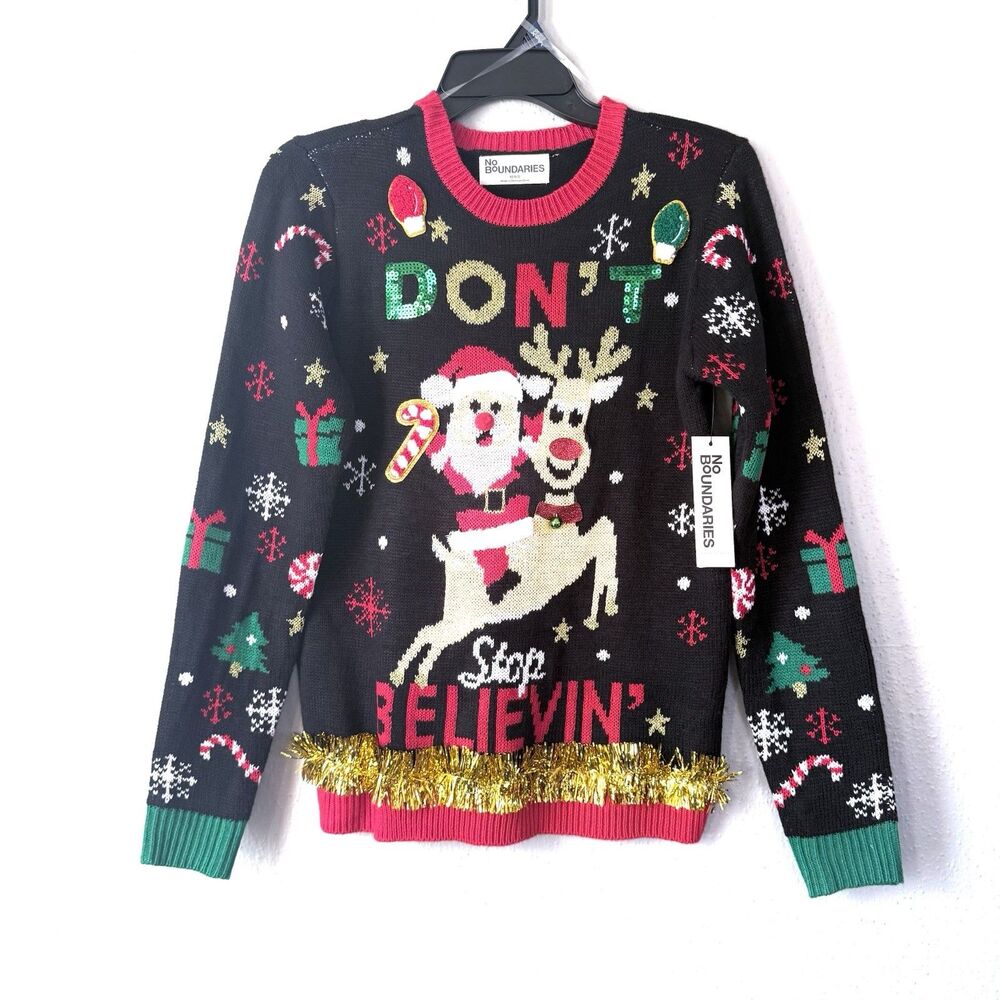 Sweater Women's Don't Stop Believin Ugly Christmas Santa Size Small Black Red